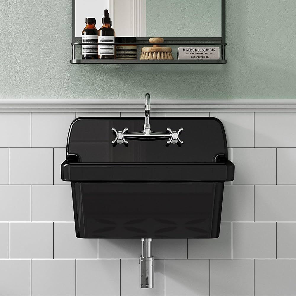 ELLAI 24 Inch Black Ceramic Farm Style Wall Mount Utility Sink High Back Wall Mounted Laundry Tub... | Amazon (US)