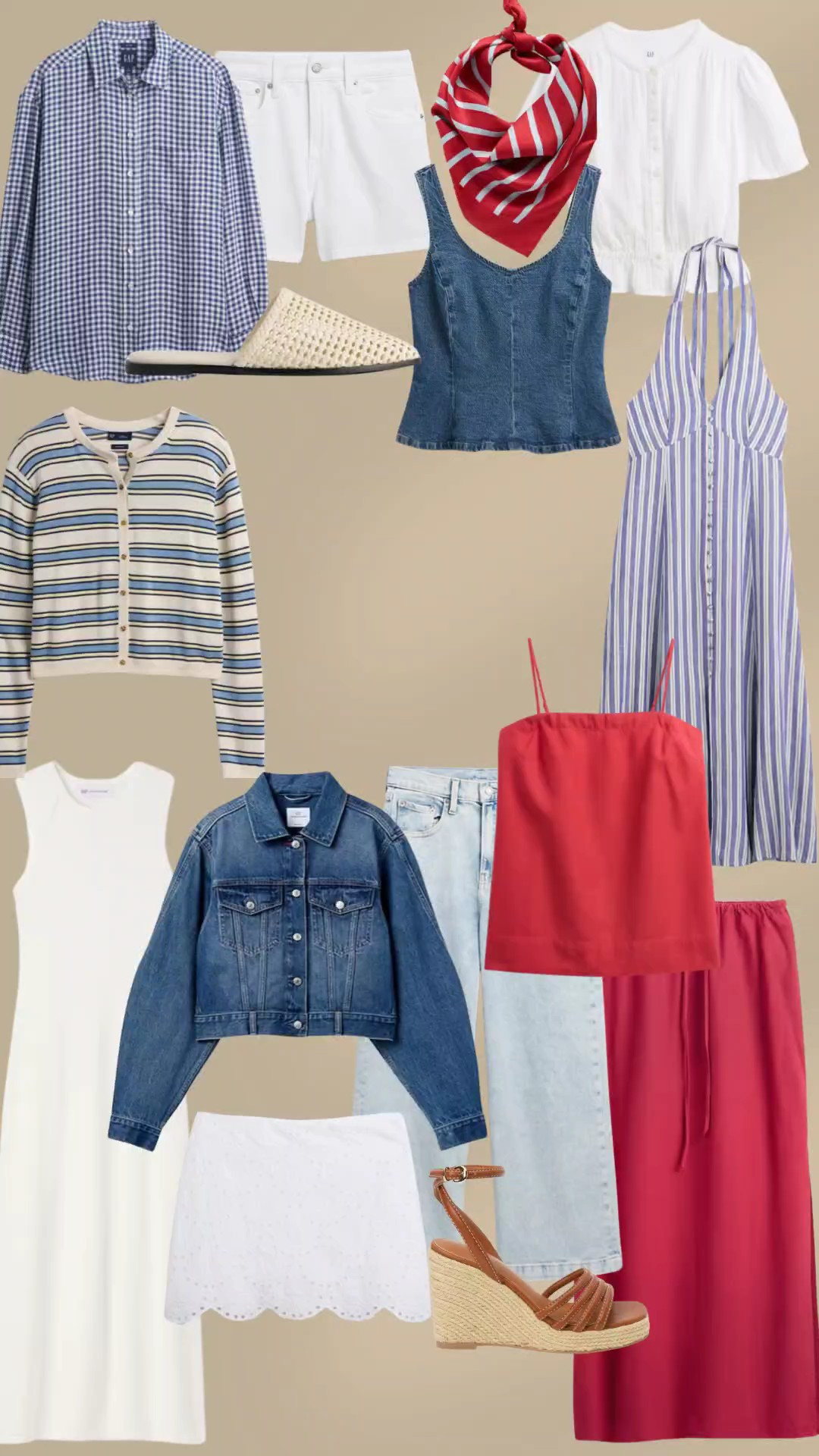 Gap 4th of July outfit inspo. Summer style. Red white blue. Short sleeve sweater. Bandana. Red flip flops. Shorts. Denim vest. White midi skirt. Linen. Denim shorts. Casual 4th of July. Strapless top. Red pants. Button down. Midi striped dress. Polo. Patchwork dress. Cardigan. Red crochet eyelet top. White heels. Denim dress. Chore jacket. Red gingham pants

#LTKSeasonal #LTKSaleAlert