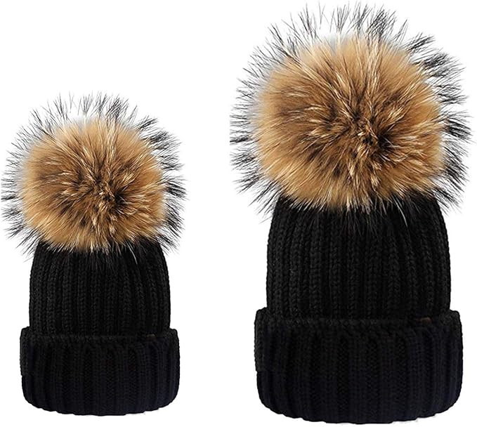 LOKIDVE 2PCS Parent-Child Fur Pompom Knit Hat Mom Kids (5-13Y) Winter Warm Beanie Cap | Amazon (CA)