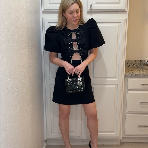 Rebecca Vallance Black Mini Dress with Bow Front and Puff Sleeves | Poshmark