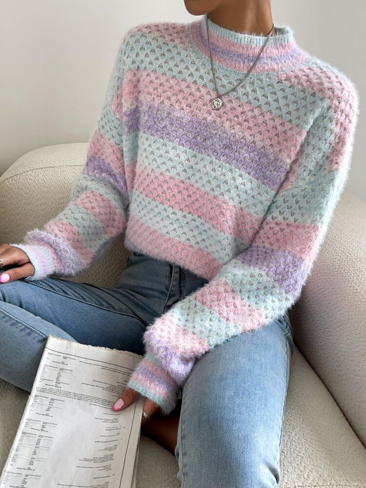Colorblock Mock Neck Drop Shoulder Fuzzy Sweater | SHEIN