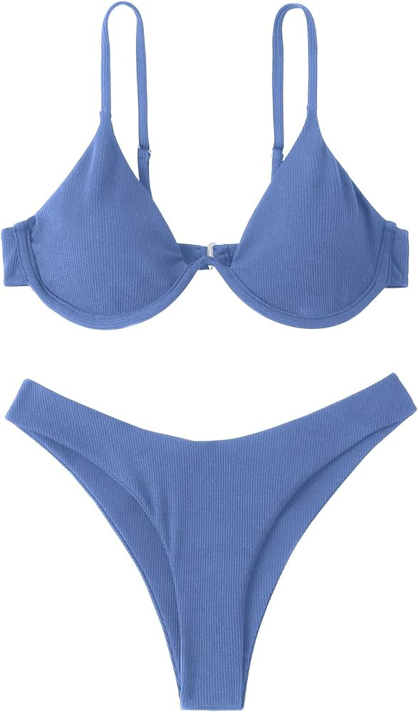 Verdusa Women's 2 Piece Triangle Bikini High Cut Bathing Suit Swimsuits Blue XS | Amazon (US)