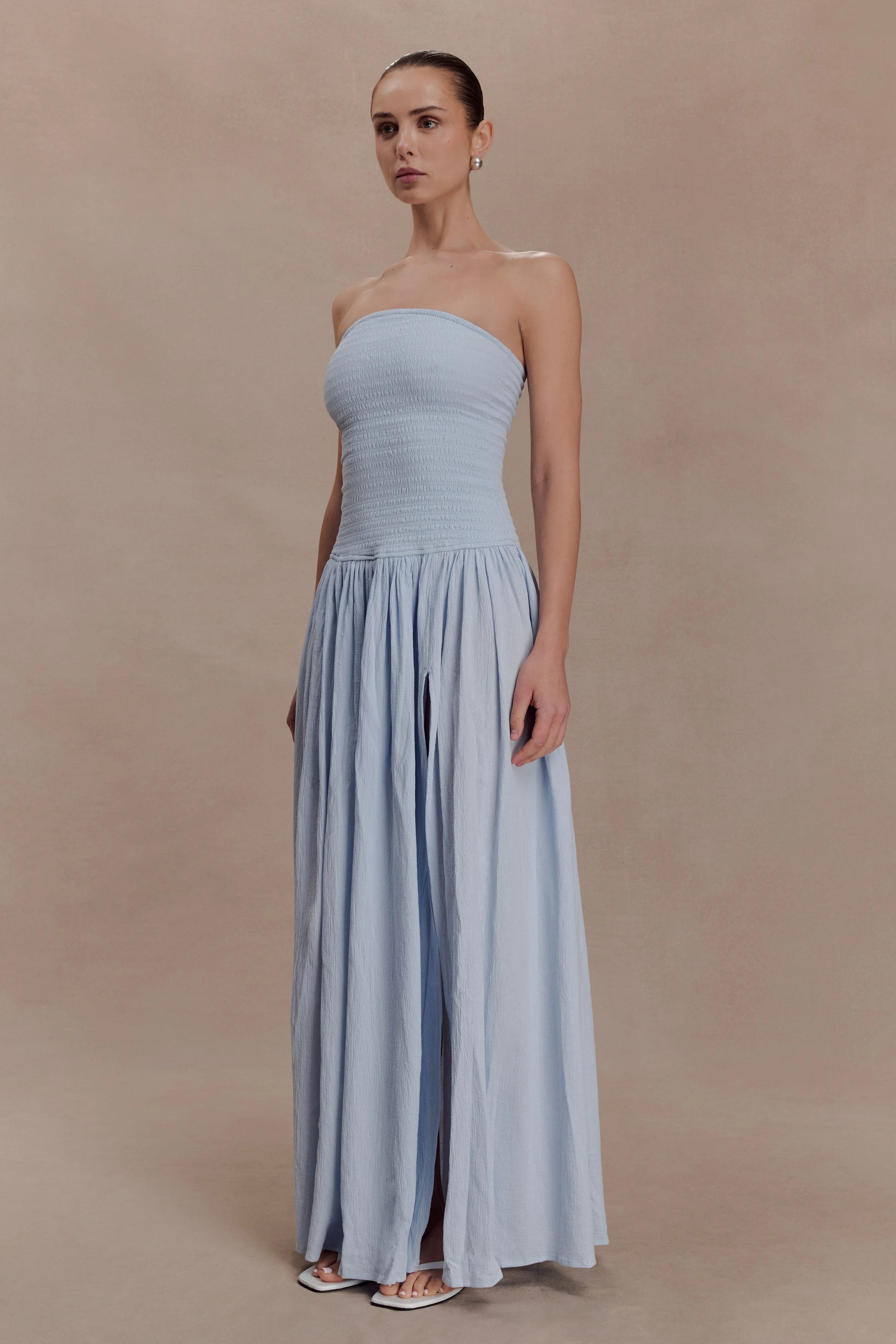 Maureen Cotton Shirring Maxi Dress - Powder Blue | MESHKI US