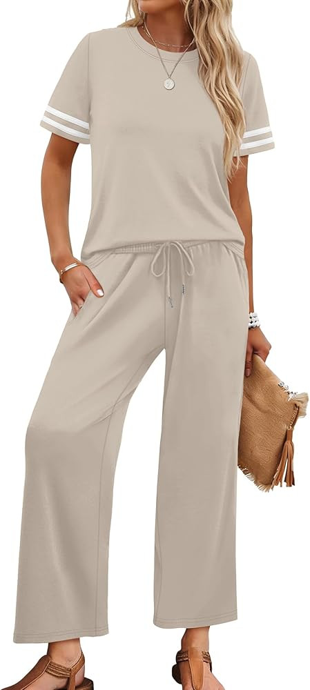 WIHOLL Two Piece Sets for Women Summer Outfits Lounge Sets Short Sleeve Tops Wide Leg Pants Vacat... | Amazon (US)