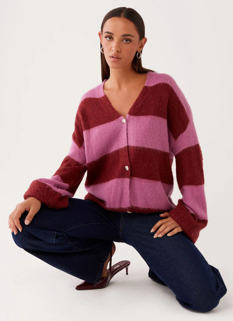 Ainslee Oversized Knit Cardigan - Red Pink Stripe | Peppermayo (Global)