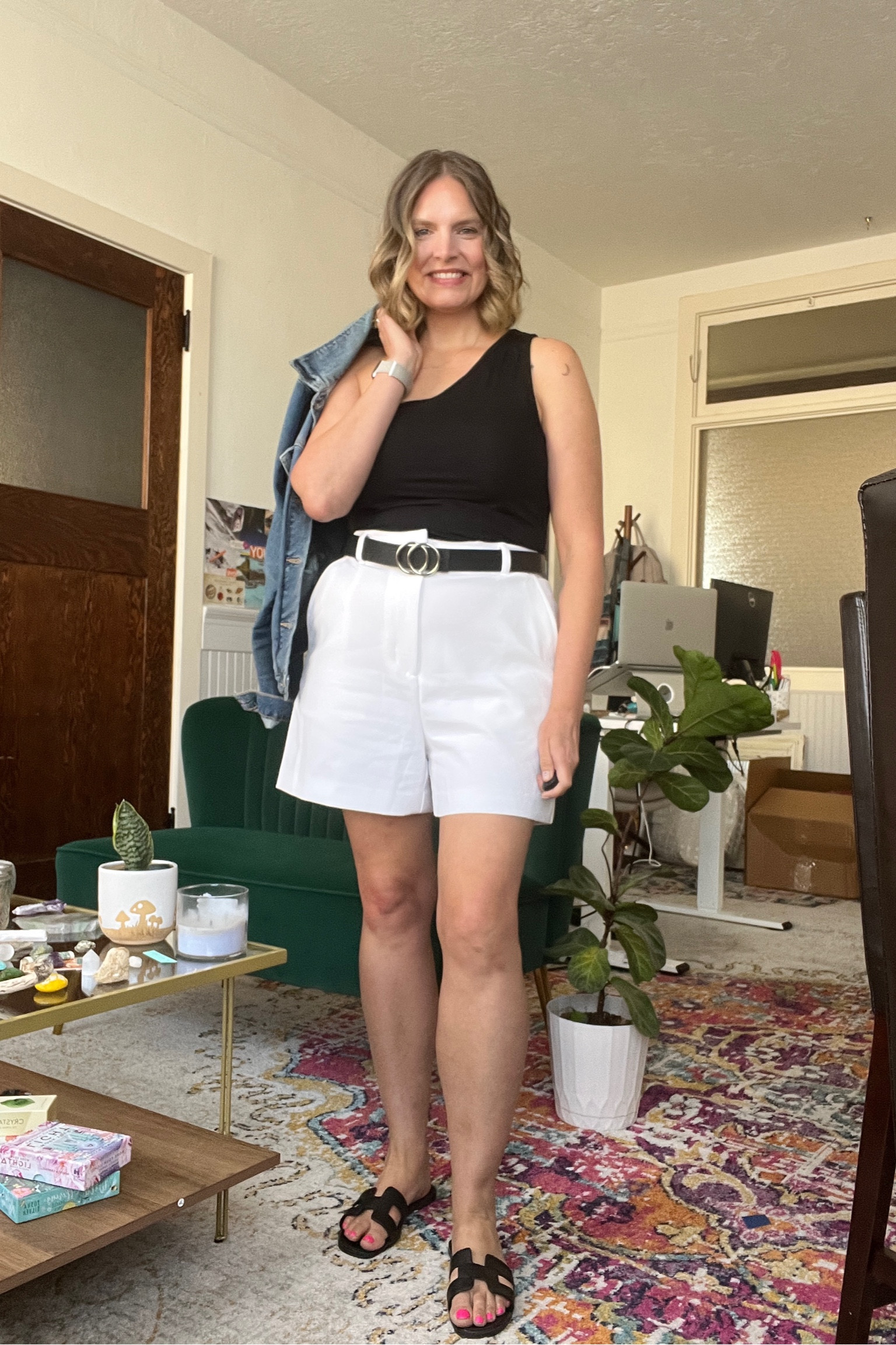 Outfit. Formula: one shoulder top, trouser shorts and black sandals. Denim jacket, optional  



#LTKcurves #LTKSeasonal #LTKstyletip