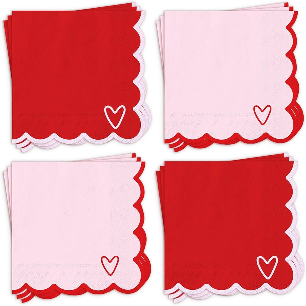 100Pcs Valentine's Day Cocktail Napkins Disposable Napkin 3Ply Scalloped Pink Red Love Heart Beve... | Amazon (US)