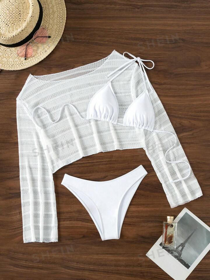 SHEIN Swim Vcay Solid Color Triangle Cup Bikini Swimsuit Set And Cover Up Top Music Festival | SHEIN