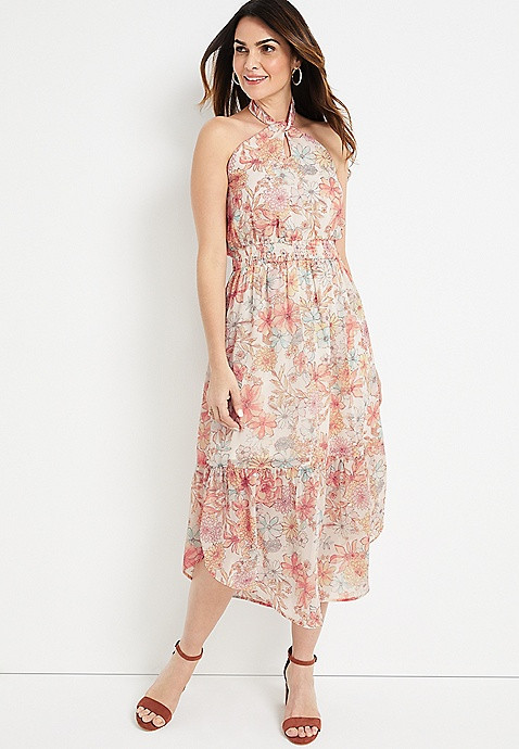 Front Twist Floral Halter Midi Dress | Maurices