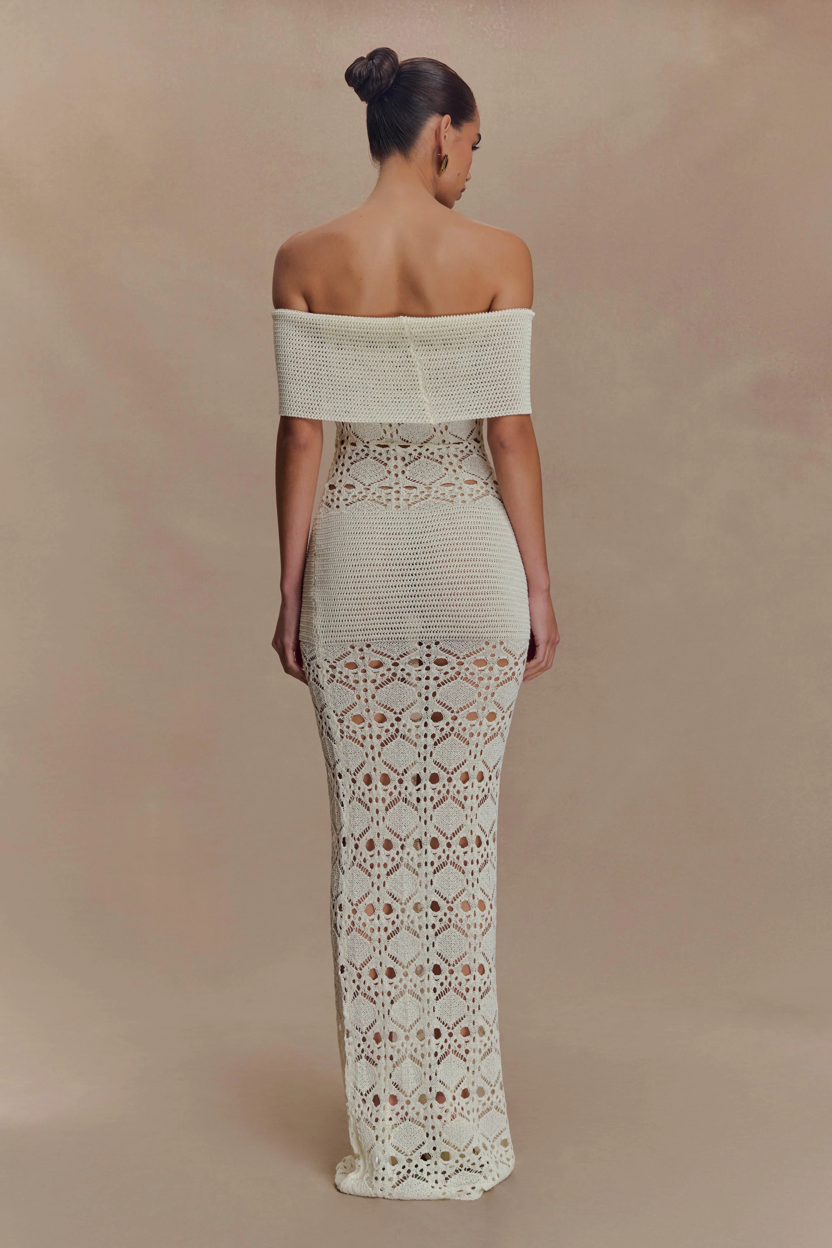Solstice Off Shoulder Crochet Knit Maxi Dress - Ivory | MESHKI US