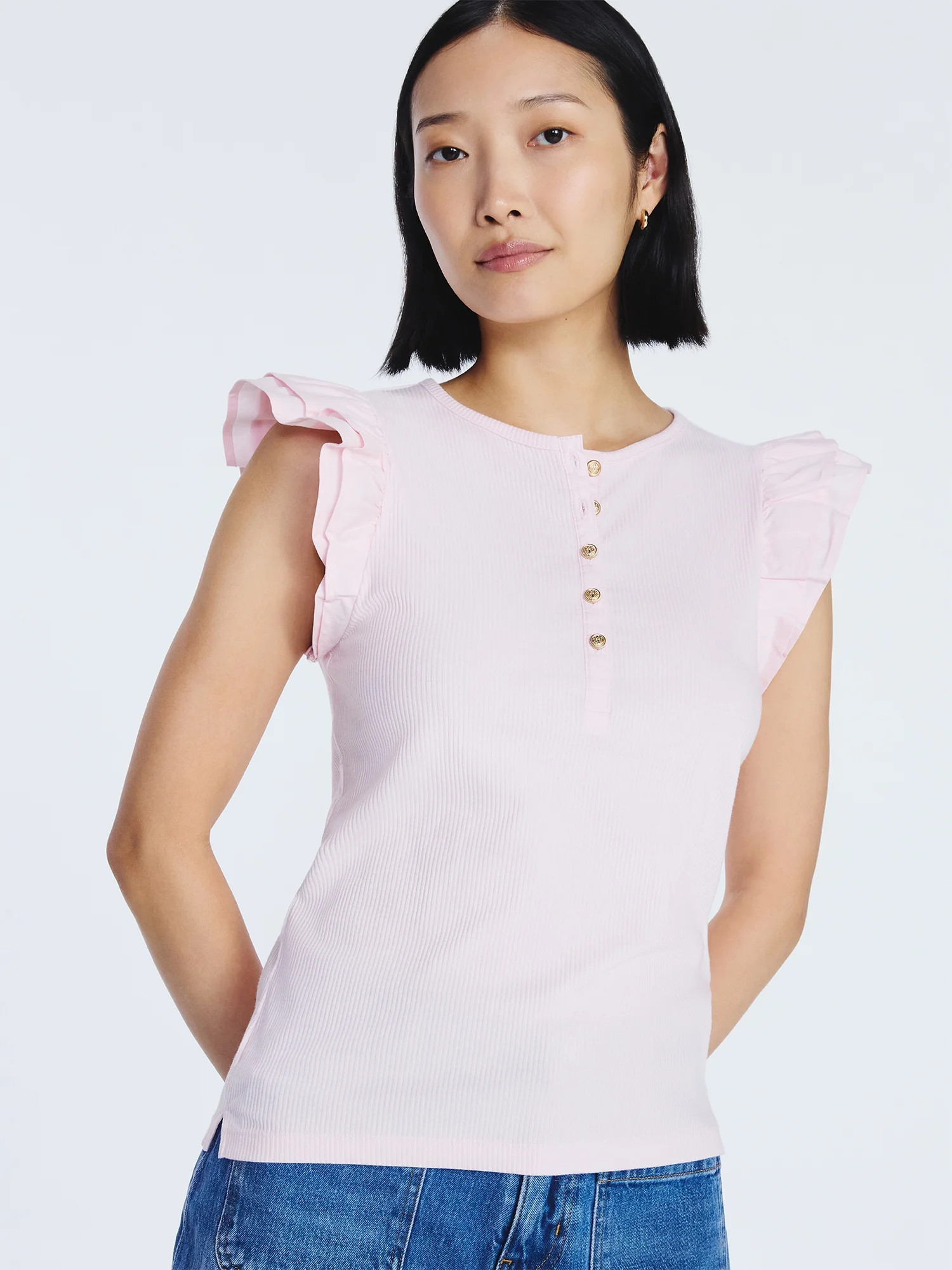 Free Assembly Women's and Women’s Plus Flutter Sleeve Henley Top, Sizes XS-4X | Walmart (US)