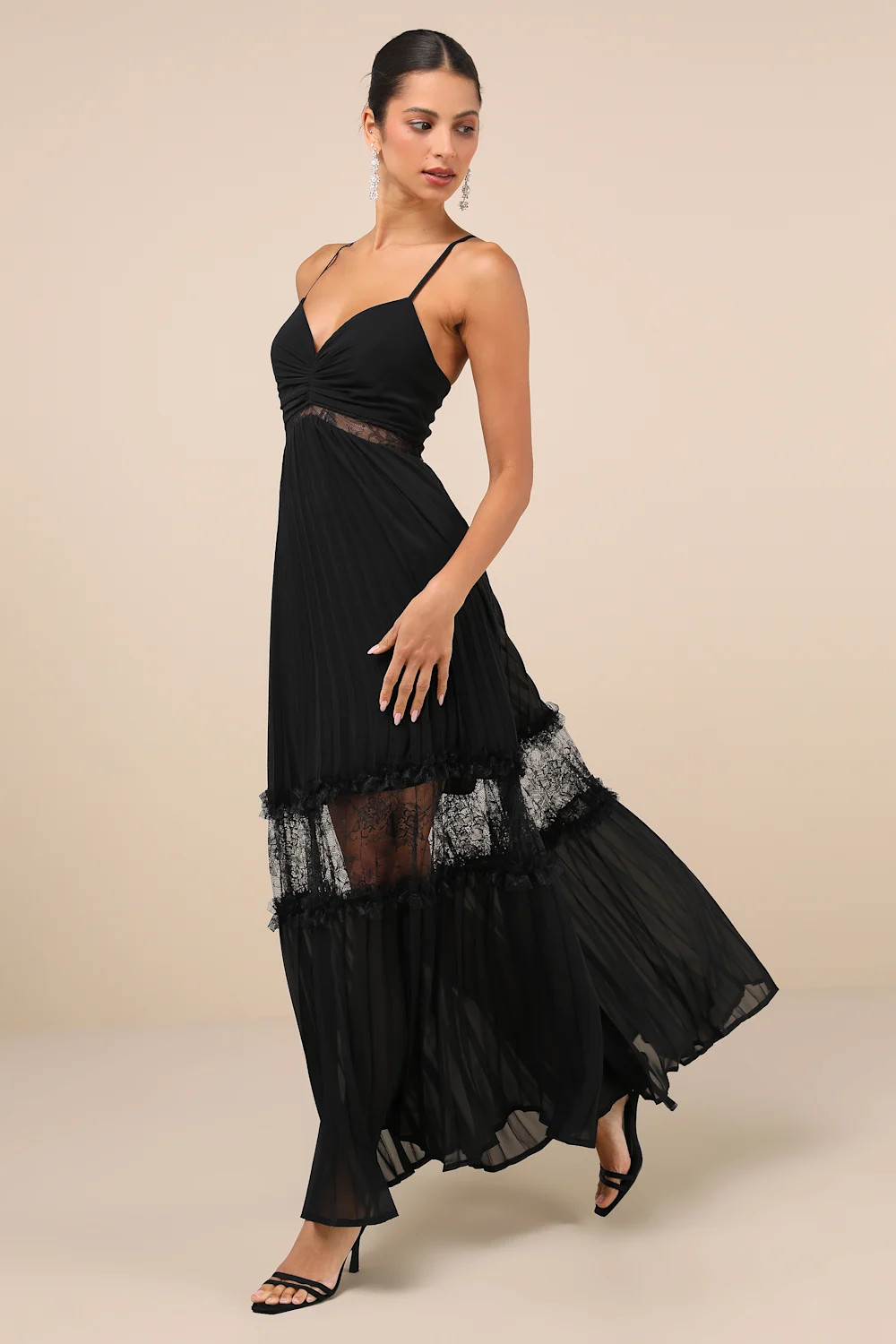 Deeply Stunning Black Lace Pleated Lace-Up Backless Maxi Dress | Lulus