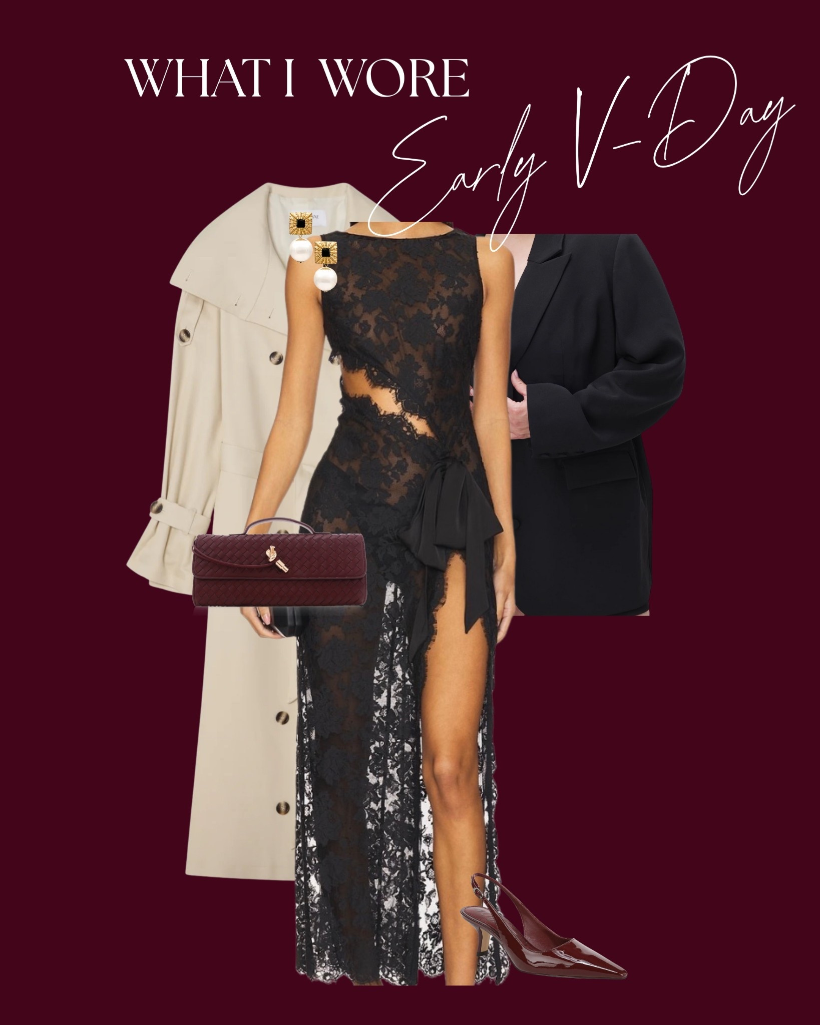 My early Valentine’s Day outfit! Trench coat with a black lace statement dress from NBD with a black blazer from Good American. Lastly finished off with burgundy kitten heels from Sam Edelman. 

#LTKootd #LTKMidsize