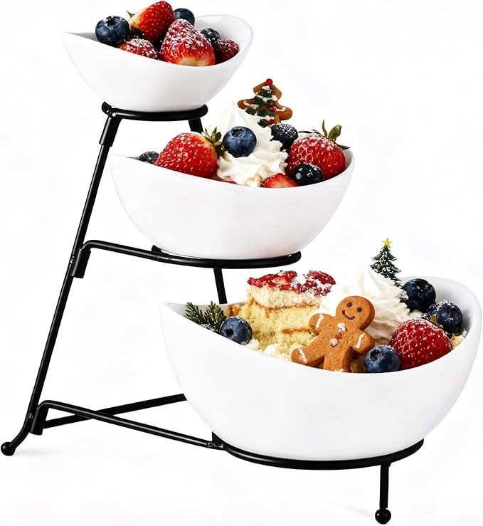 Gomakren 3 Tiered Oval Serving Bowl With Collapsible Metal Rack, Chip and Dip Serving Set, Desser... | Amazon (US)