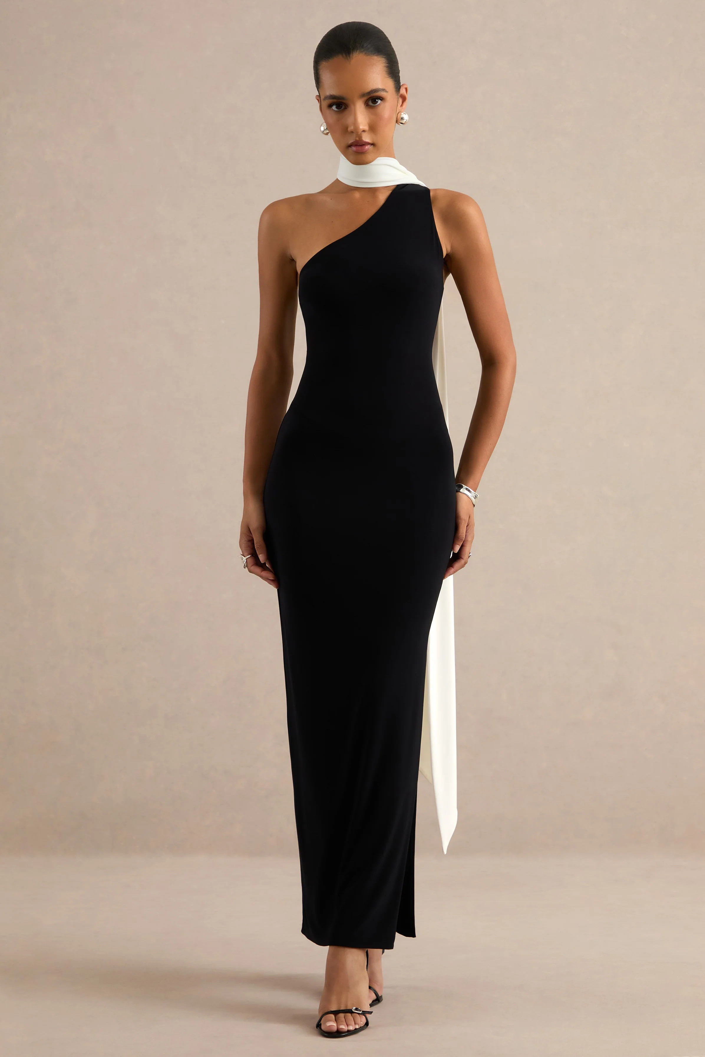 Lirienne | Black & White Asymmetric-Neck Maxi Dress With Scarf Detail | Club L London