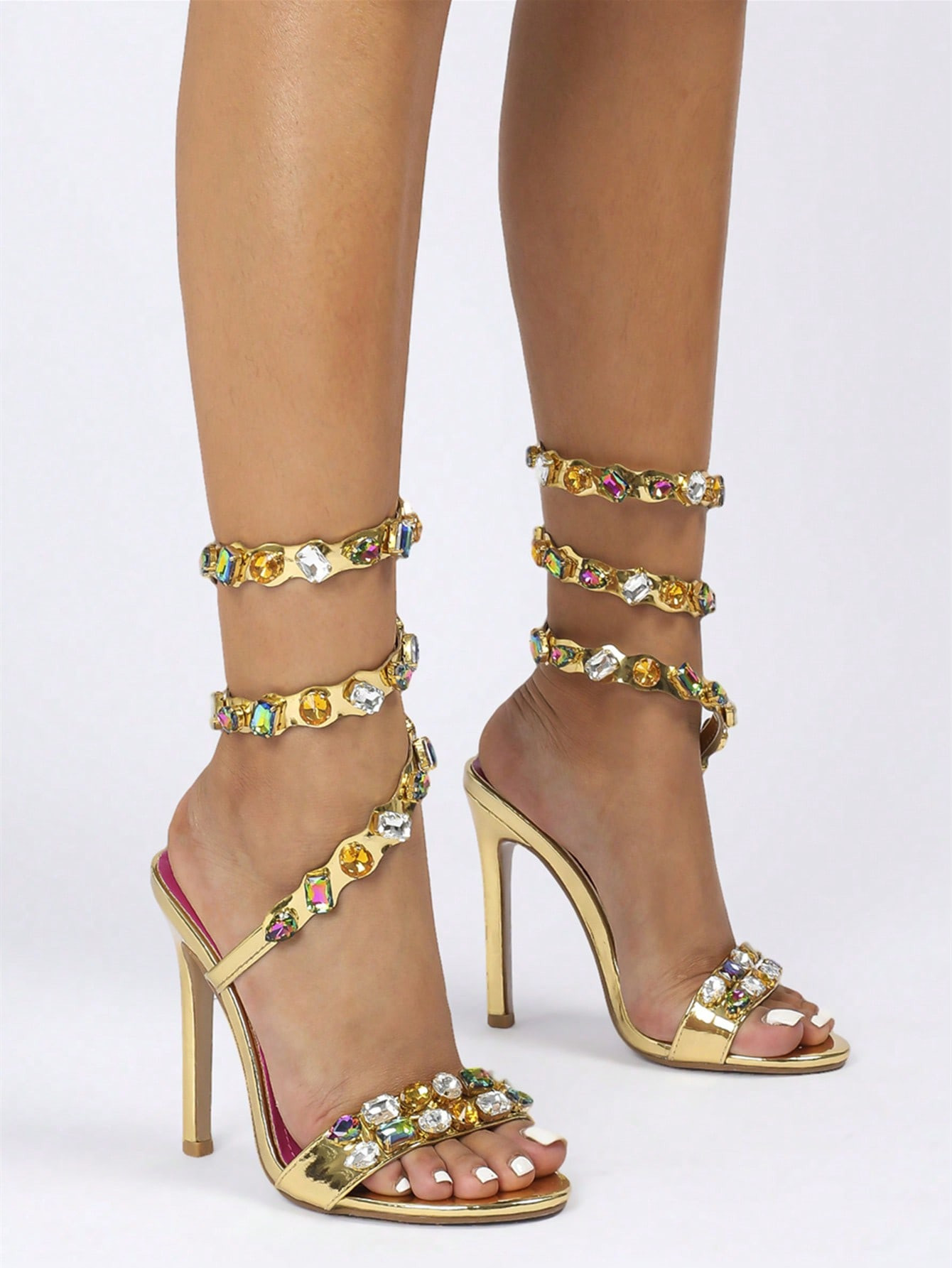 Luxury Gold Rhinestone Studs Women's Stiletto High Heels Sandals Sexy Ankle Wrap Summer Shoes For... | SHEIN