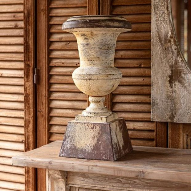Aged Metal Square Base Urn | Antique Farm House
