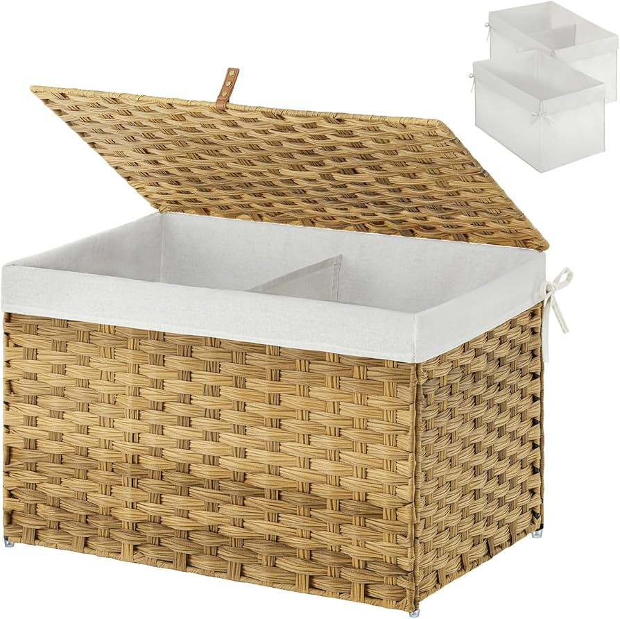 GREENSTELL Storage Basket with Lid, 17.2 Gallon(65L) Small Wicker Blanket Storage Basket with Han... | Amazon (US)