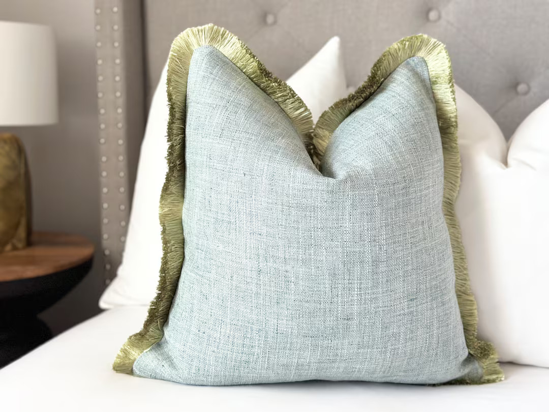 Mist Blue Throw Pillow Cover With Green Brushed Fringe Detail , Light Blue Cotton Pillow Cover, D... | Etsy (US)