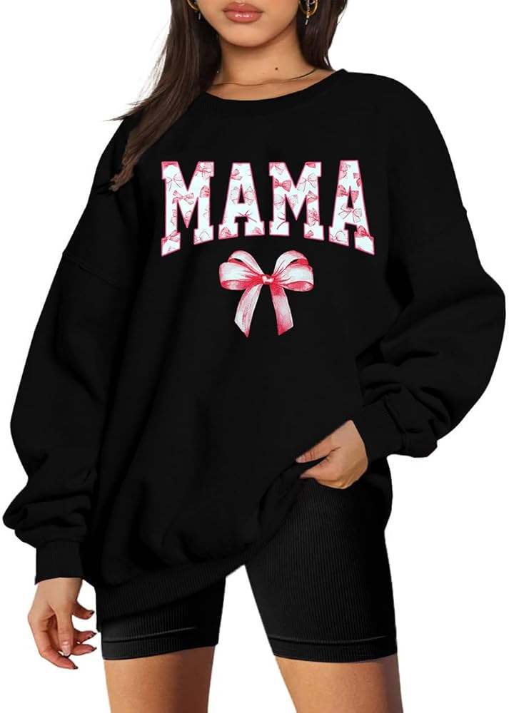 Mama Sweatshirt Coquette Sweater Women Bow Sweatshirt Pink Ribbon Sweatshirts Cute Crewneck Long ... | Amazon (US)