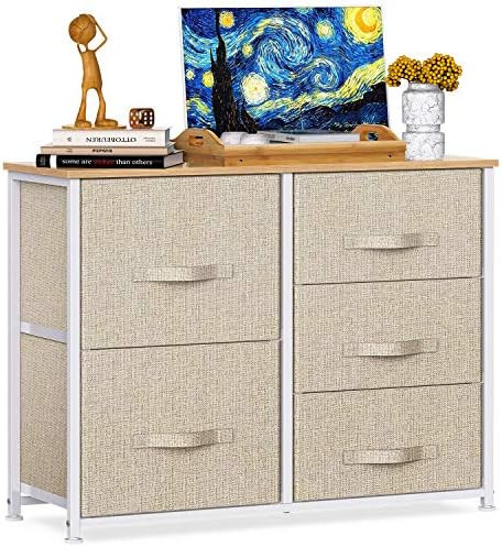 5 Drawer Fabric Storage Chest, Tall Dresser Storage Tower, Organizer Unit for Bedroom, Hallway, E... | Amazon (US)