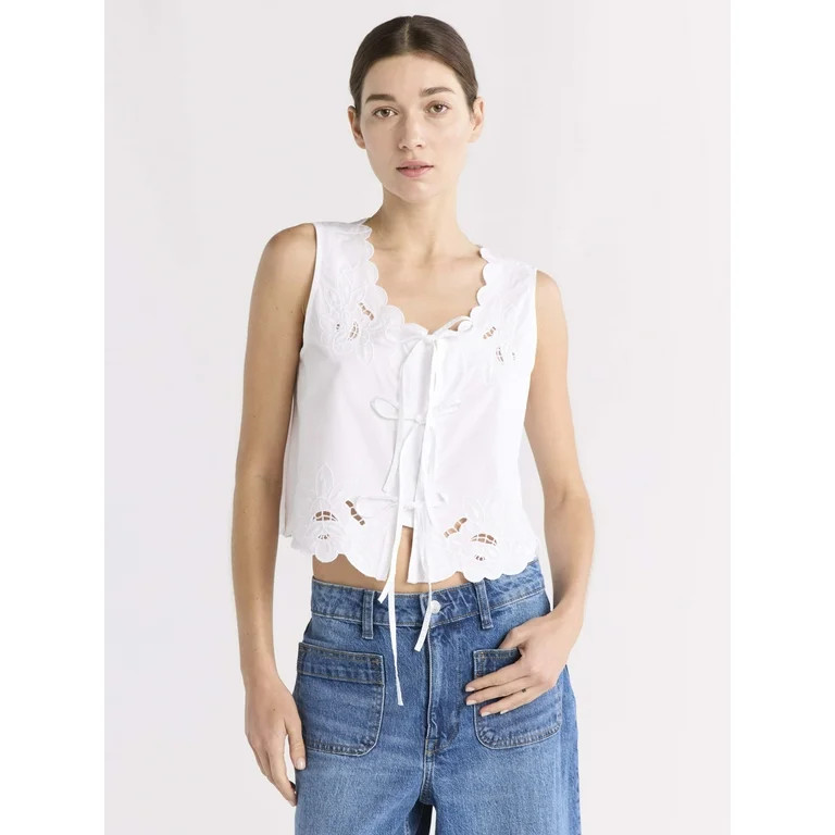 Free Assembly Women's and Women's Plus Cropped Tie Front Embroidered Cotton Top, Sizes XS-4X | Walmart (US)