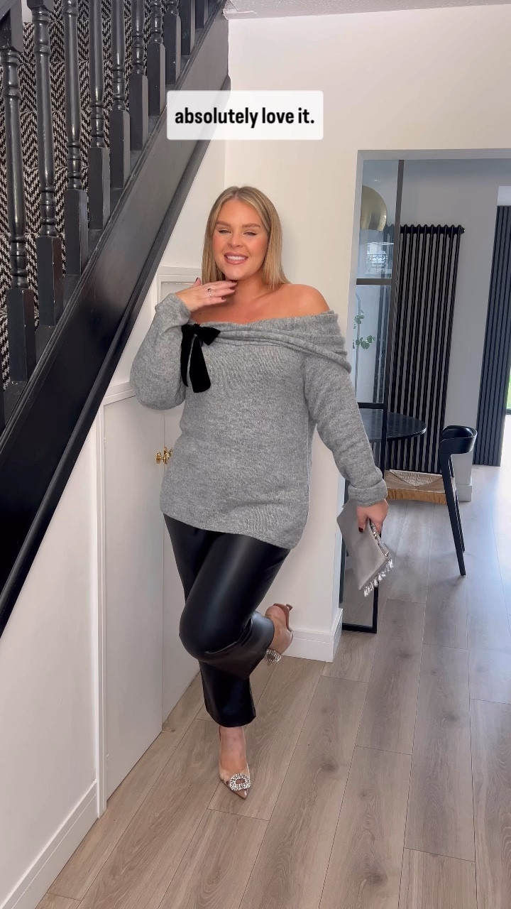 Night out outfit. Comfy outfit. Christmas outfit. Leather trousers. Bow detail top. Grey jumper. Midsize fashion. Curve fashion. Mum fashion. Size 16. Size 18. Never fully dressed. Zara. ASOS. Partywear. 

#LTKpartywear #LTKcurves #LTKeurope