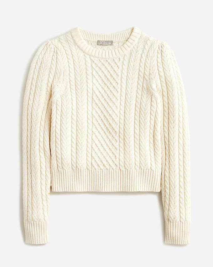 Cable-knit puff-sleeve crewneck sweater | J.Crew US