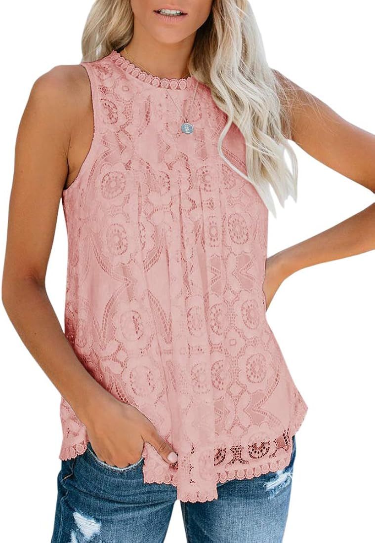 Women Lace Crochet Tank Top Halter Neck Floral Camisole Summer Sexy Nightout Blouse | Amazon (US)