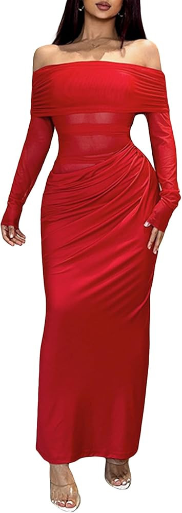 LETSVDO Women's Off The Shoulder Mesh Maxi Dress Long Sleeve Bodycon Ruched Asymmetrical Cutout S... | Amazon (US)