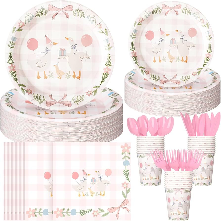 Havawish 175pcs One Silly Goose Birthday Party Tableware Set for 25 Guest Girl Pink Bow One Silly... | Amazon (US)