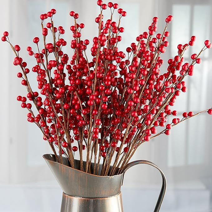 24 Rich Red Artificial Berry Stems - Decorative Wire Stem Branch Sprays for Christmas Tree Decora... | Amazon (US)