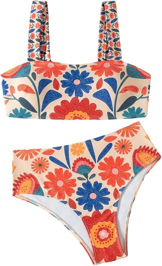 Women's 2 Piece High Waisted Bikini Sets Graphic Wireless Bathing Suit Padded Beach Swimsuits | Amazon (US)