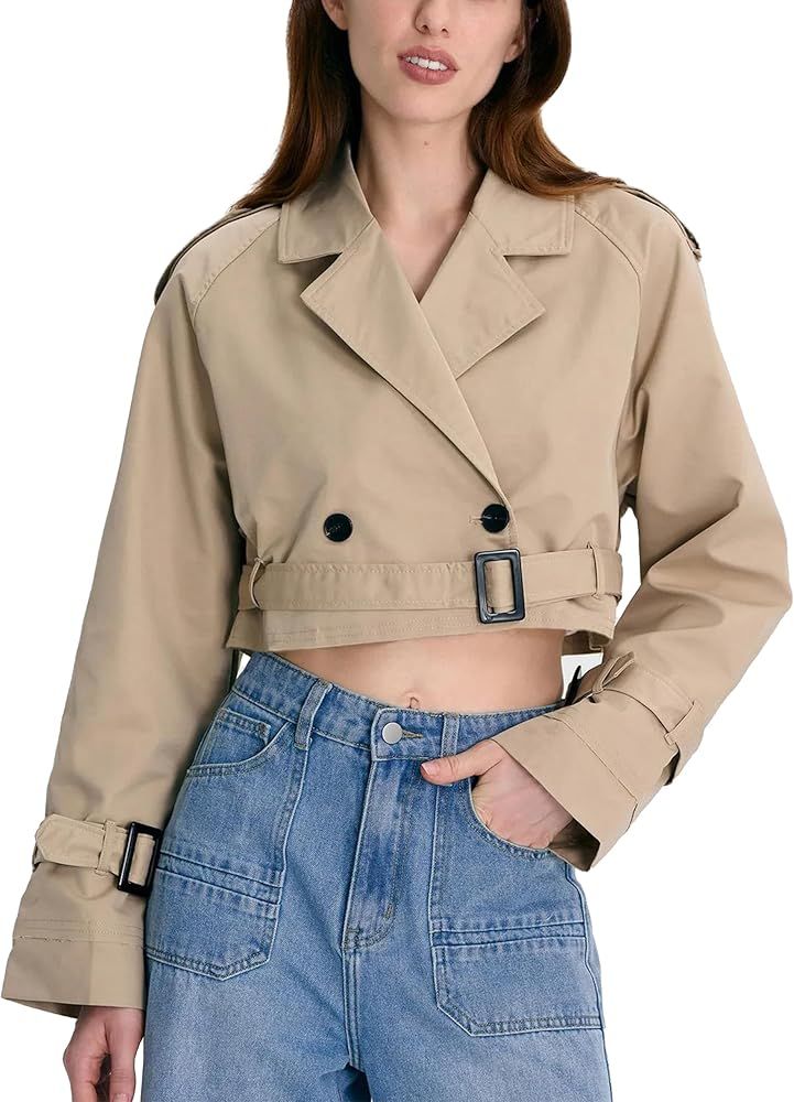 Xiaoxuemeng Womens Cropped Bike Jacket Casual Double Breasted Trench Coat with Belt | Amazon (US)