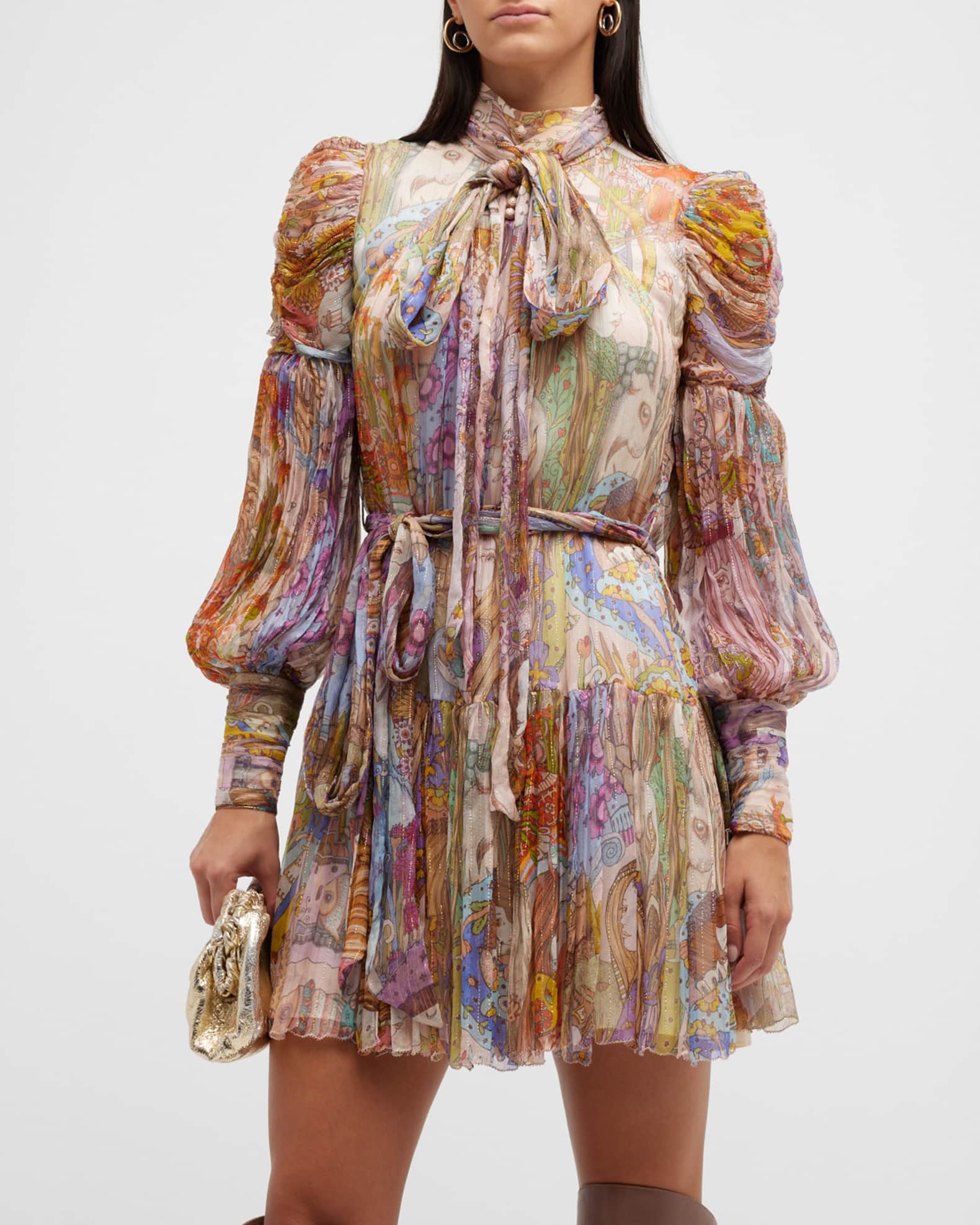 Zimmermann Kaleidoscope Pleated High-Neck Mini Dress | Neiman Marcus