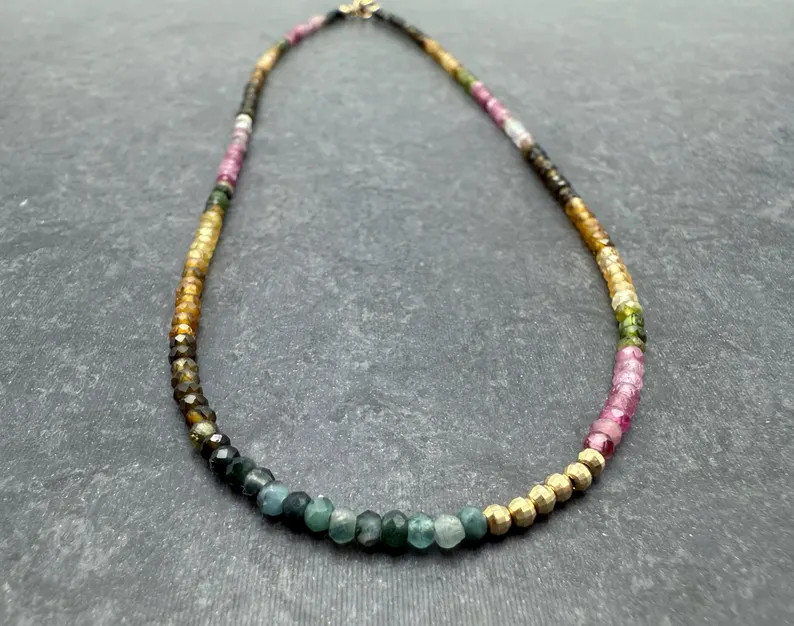 14k Gold Multi-colored Tourmaline Beaded Necklace - Etsy | Etsy (US)