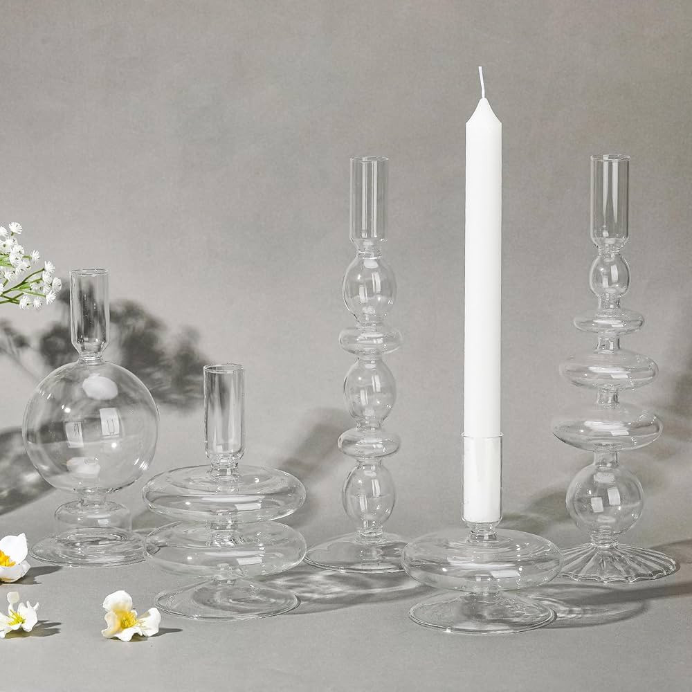 Rtteri 5 Pcs Glass Candlestick Holders Colorful Glass Taper Candle Stand Groovy Candlestick Wavy ... | Amazon (US)