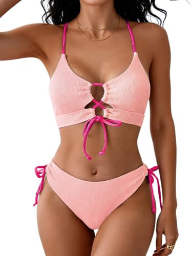 B2prity Tie Bikini Top Set Sexy Push Up 2 Piece Swimsuit Color Block Bathing Suit Full Coverage Swimwear for Curvy Women | Amazon (US)