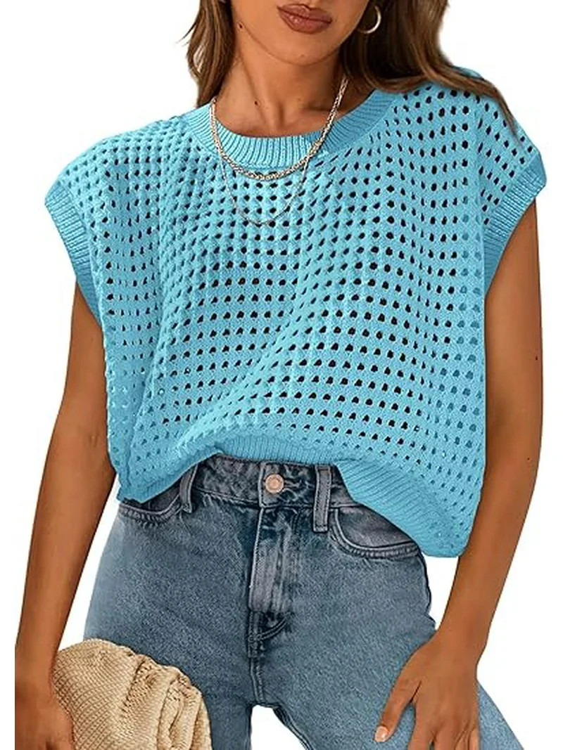 PRETTYGARDEN Womens Spring Tops Summer Shirts Crochet Cap Sleeve Sweater Pullover Cute Crew Neck ... | Walmart (US)