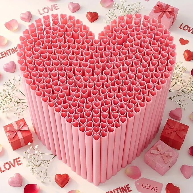 100PCS Valentines Day Heart Straws - Heart Shaped Pink Straws Plastic Disposable Drinking Straws ... | Amazon (US)