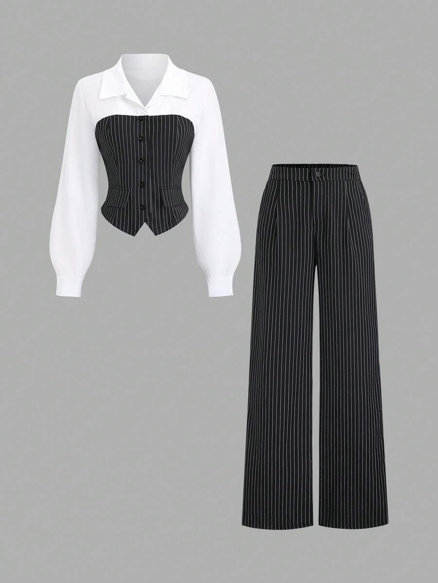 Sweetra Women's Striped Patchwork Lapel Collar Long Sleeve Asymmetrical Hem Blouse And Straight L... | SHEIN