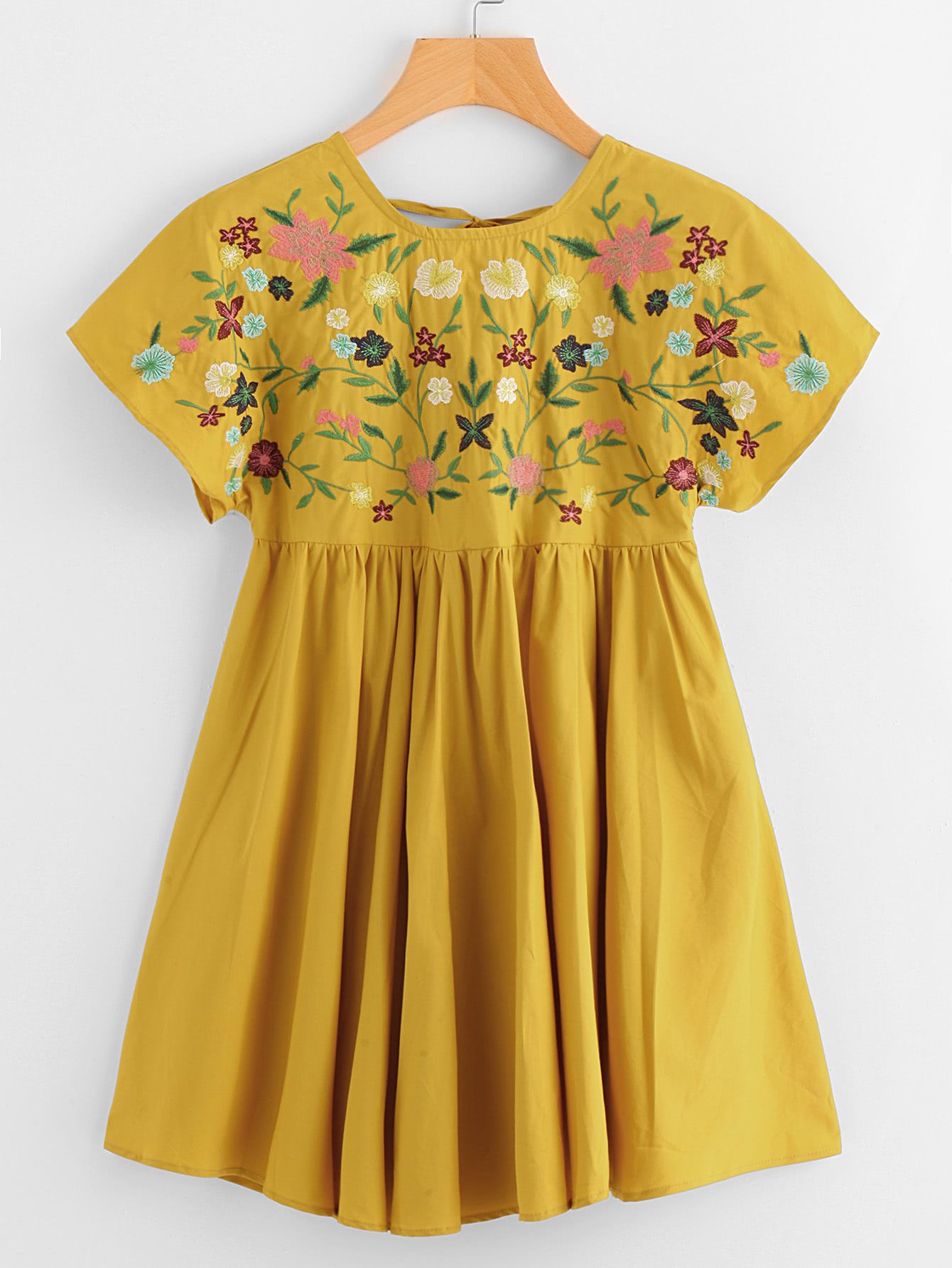 Flower Embroidered Tie Up V Back Smock Dress | ROMWE