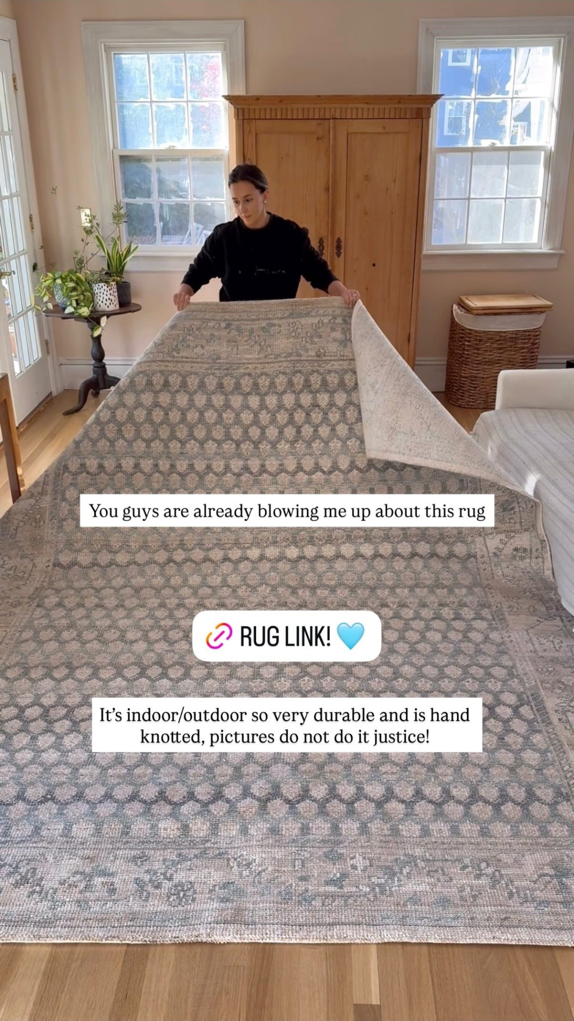 You guys are already blowing me up about this rug It’s indoor/outdoor so very durable and is hand knotted, pictures do not do it justice!