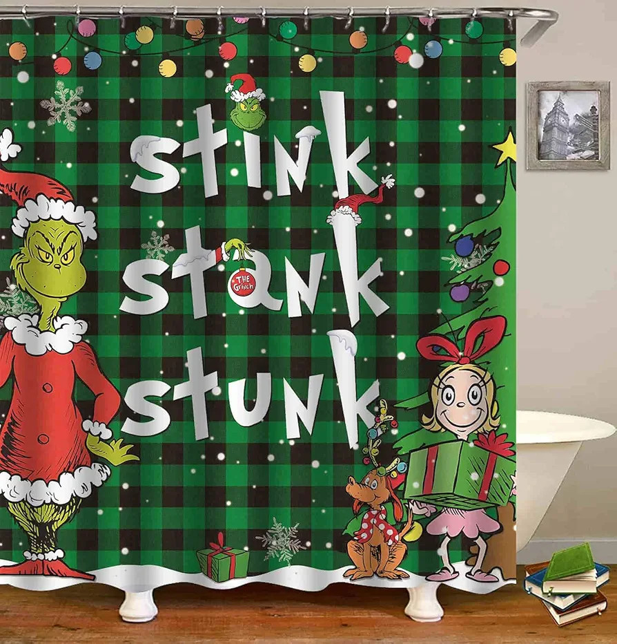 Christmas Shower Curtain 72x72 Inches - Polyester Fabric with Weighted Hem Design, Includes 12 Ho... | Amazon (US)