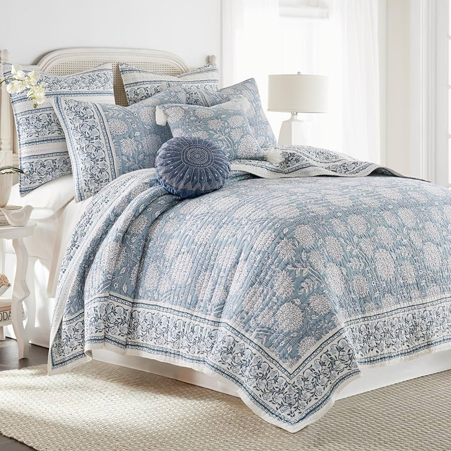 Levtex Home - Adare Blue Quilt Set - King Quilt and Two King Shams - Bordered Floral - Blue, Navy... | Amazon (US)