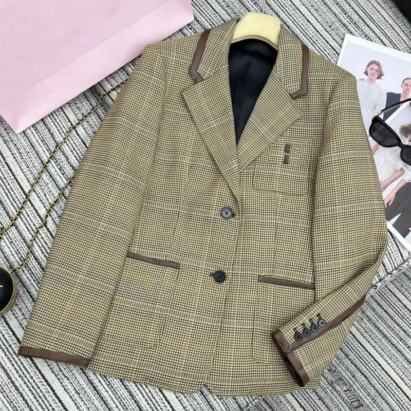 Houndstooth plaid lapel suit jacket with leather-trimmed edges leather letters. | DHGate