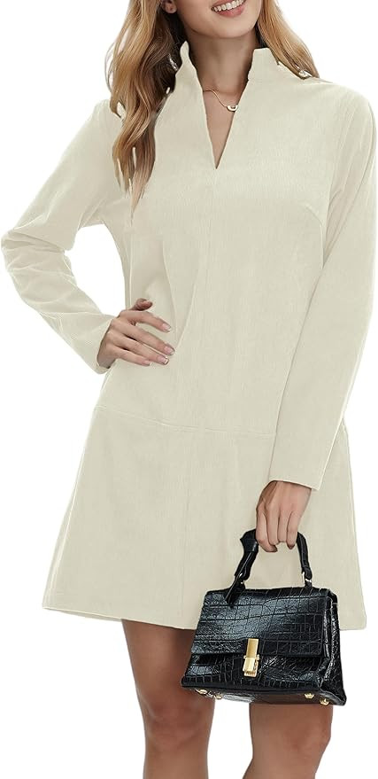 Women Corduroy Dress V Neck Long Sleeve Casual Vintage Retro A Line Mini Dresses | Amazon (US)