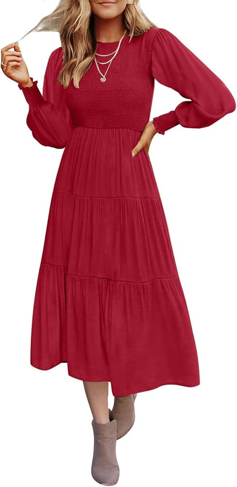 ZESICA Women's Casual Long Sleeve Crew Neck High Waist Smocked Flowy Tiered Midi Dress | Amazon (US)
