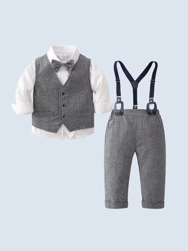 3pcs Baby Boy Gentleman Suit, White Long Sleeve Shirt With Bow Tie, Grey Vest And Pants, Suitable... | SHEIN