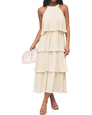 ZESICA Women's 2024 Summer Sleeveless Halter Neck Ruffle Tiered Layered Chiffon Flowy Swing Long ... | Amazon (US)